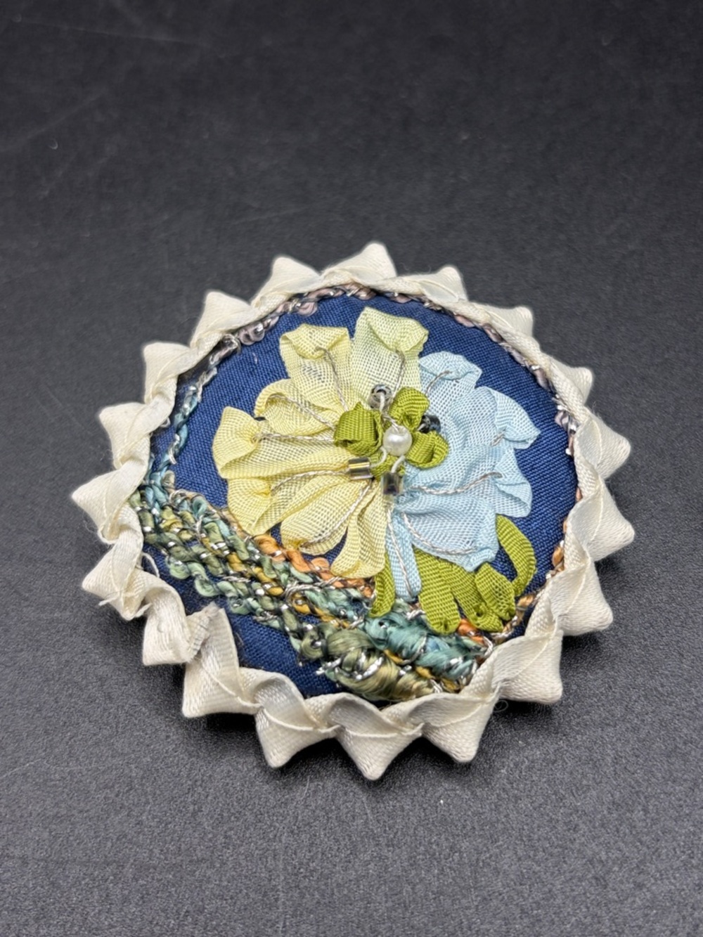 Vintage Handmade Beaded Fabric Floral Motif Round Brooch Pin, Jewelry